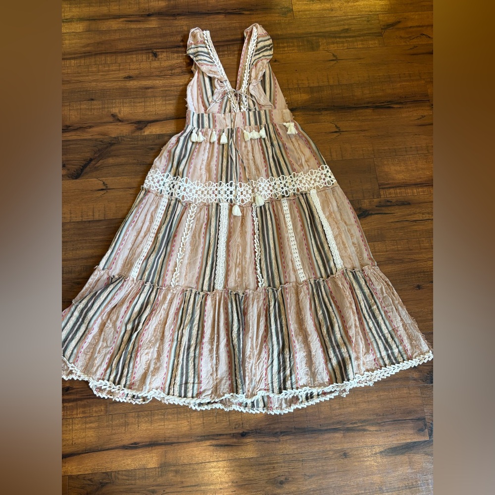 Hemant & Nandita Tassel Pixie Deep V LaceTrim Midi Sz Medium Boho Pastel Peach